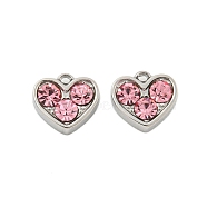 304 Stainless Steel Pendants, with Rhinestone, Heart Charms, Light Rose, 7x8x3mm, Hole: 1mm(STAS-L080-001P-01)