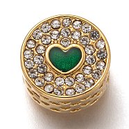 304 Stainless Steel European Beads, Large Hole Beads, with Enamel and Crystal Rhinestone, Flat Round with Heart, Golden, Green, 11.5x7.5mm, Hole: 4.5mm(STAS-I177-22A)