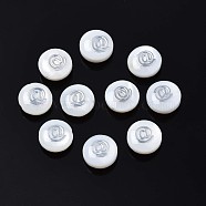 Natural Freshwater Shell Beads, with Platinum Plated Brass Metal Embellishments, Flat Round with Mark @, Platinum, 8x4.5mm, Hole: 0.6mm(SHEL-N003-22-08P)
