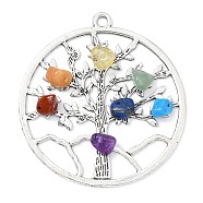 7 Chakra Mixed Gemstone Chip Pendants, Tibetan Style Zinc Alloy Tree of Life Charms, Antique Silver, Mixed Dyed and Undyed, Flat Round, 60.5x56x6mm, Hole: 3.5mm(PALLOY-JF02406-03)