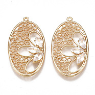 Brass Filigree Pendants, Real 18K Gold Plated, with Cubic Zirconia, Oval, Clear, 30.5x17x3.5mm, Hole: 1.2mm(X-KK-T038-332G)