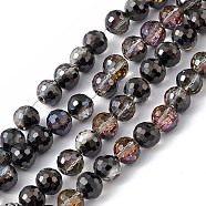 Transparent Electroplate Glass Beads Strands, Faceted(96 Facets), Round, Half Plated, Black, 7.5~8x7mm, Hole: 1.2mm, about 70~72pcs/strand, 20.08~20.47 inch(51~52cm)(EGLA-F151-HP03)