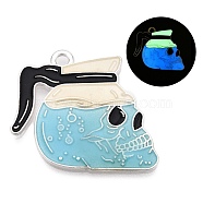 Luminous Alloy Enamel Pendants, Platinum, Glow in the Dark, Skull Drink Charm, Sky Blue, 26x30x1.5mm, Hole: 2mm(ENAM-T021-10P)