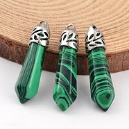 Bullet Malachite Pendants, with Platinum Plated Alloy Findings, 33~40x8~10mm, Hole: 3x2mm(X-G-E332-C19)