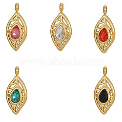 304 Stainless Steel Pave Cubic Zirconia Pendants, Ion Plating(IP), Leaf Charms, Mixed Color, Real 18K Gold Plated, 17x10mm, Hole: 1.5mm(CU-OY001-37G)