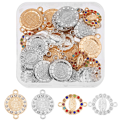 SUPERFINDINGS 32pcs 4 styles Religion Alloy Connector Charms, with Rhinestone, Flat Round Links with Virgin Pattern, Mixed Color, 18~27x17~24x2~3mm, Hole: 1.6~2.2mm, 8pcs/style(FIND-FH0007-57)