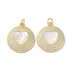 Valentine"s Day Brass Micro Pave Clear Cubic Zirconia Pendants, with Shell, Heart, Real 18K Gold Plated, 21x18x3mm, Hole: 3.5mm(KK-B083-41L-G)