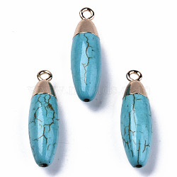 Synthetic Turquoise Pendants, with Light Gold Plated Top and Iron Loop, Oval, Dyed, 34~35x9~10mm, Hole: 2mm(G-N326-61)