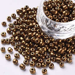 6/0 Glass Seed Beads, Metallic Colours, Round, Round Hole, Coconut Brown, 6/0, 4mm, Hole: 1mm, about 500pcs/50g, 50g/bag, 18bags/2pounds(SEED-US0003-4mm-601)