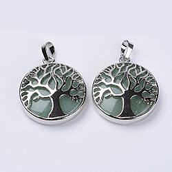 Natural Green Aventurine Pendants, with Platinum Plated Brass Findings, Flat Round with Tree of Life, 31x27x8mm, Hole: 3.5x7mm(G-P350-D03)