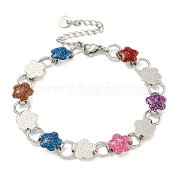 304 Stainless Steel Enamel Flower Link Chain Bracelets with Glitter Powder, Stainless Steel Color, Colorful, 6-7/8 inch(17.5cm)(BJEW-S153-05P-03)