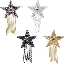 Sparkling Rhinestone Iron on Patches, Appliques, with Iron Ball Chain Tassels, Costume Accessories, for Clothes, Bag, Pants, Shoes, Cellphone Case, Star, Mixed Color, 148x87x2mm, 4colors, 1pc/color, 4pcs/box(DIY-FG0001-39)