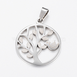 304 Stainless Steel Pendants, Textured, Flat Round with Tree of Life & Bird, Stainless Steel Color, 28x25x1.2mm, Hole: 4x8mm(STAS-I074-05P)