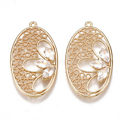 Brass Filigree Pendants, Real 18K Gold Plated, with Cubic Zirconia, Oval, Clear, 30.5x17x3.5mm, Hole: 1.2mm(X-KK-T038-332G)