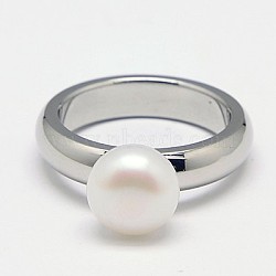 316L Surgical Stainless Steel Finger Rings, with Freshwater Pearl Beads, White, 19mm(RJEW-E015-034A-19mm)