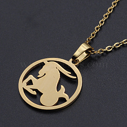 201 Stainless Steel Pendants Necklaces, with Cable Chains and Lobster Claw Clasps, Flat Round with Constellation/Zodiac Sign, Capricorn, 15-3/4 inch(40cm), 1.5mm(NJEW-S105-JN626-10G)