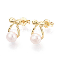 Brass & Natural Pearl Stud Earrings, Bowknot, Real 18K Gold Plated, 12~13x7mm(PEAR-N020-WX06)