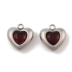 304 Stainless Steel Micro Pave Cubic Zirconia Charms, Platinum, Heart, Red, 10.5x10x5mm, Hole: 1.4mm(STAS-S131-17P-03)