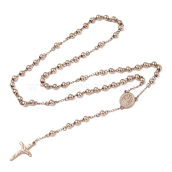 304 Stainless Steel Rosary Bead Necklaces, Oval with Virgin Mary, Crucifix Cross, For Easter, Rose Gold, 26.4 inch(67cm)(NJEW-F240-02RG)