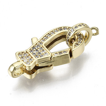Brass Micro Pave Clear Cubic Zirconia Lobster Claw Clasps, with Bail Beads/Tube Bails, Nickel Free, Real 16K Gold Plated, 23x11x5mm, Hole: 2mm