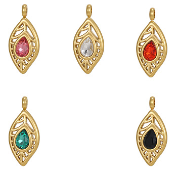 304 Stainless Steel Pave Cubic Zirconia Pendants, Ion Plating(IP), Leaf Charms, Mixed Color, Real 18K Gold Plated, 17x10mm, Hole: 1.5mm