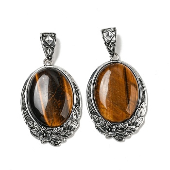 Natural Tiger Eye Big Pendants, Antique Silver Plated Alloy Oval Charms with Flower, 59x40x12mm, Hole: 17x6.5mm
