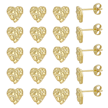 10 Pairs Brass Stud Earrings, Heart, Long-Lasting Plated, Rack Plating, Ion Plating(IP), Real 14K Gold Plated, 8mm
