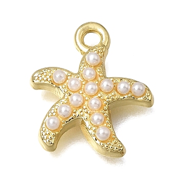 Brass & ABS Imitation Pearl Pendants, Starfish Charms, Rack Plating, Long-Lasting Plated, Lead Free & Cadmium Free, Real 18K Gold Plated, 15.5x13.5x3.5mm, Hole: 1.6mm