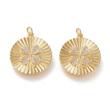 Brass Micro Pave Clear Cubic Zirconia Pendants, Cadmium Free & Lead Free, Long-Lasting Plated, Flat Round with 4 Leaf Clover, Golden, 21.5x19x1.9mm, Jump Ring: 4.5x0.8mm, 2.8mm Inner Diameter