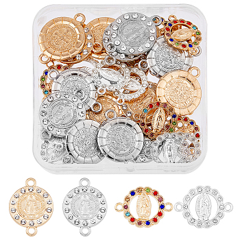 SUPERFINDINGS 32pcs 4 styles Religion Alloy Connector Charms, with Rhinestone, Flat Round Links with Virgin Pattern, Mixed Color, 18~27x17~24x2~3mm, Hole: 1.6~2.2mm, 8pcs/style