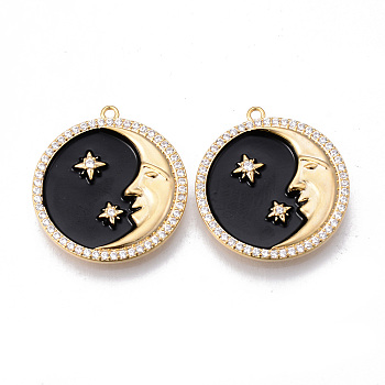 Brass Micro Pave Clear Cubic Zirconia Pendants, with Enamel, Nickel Free, Real 18K Gold Plated, Flat Round with Moon & Star, Black, 25x22.5x3mm, Hole: 1.4mm