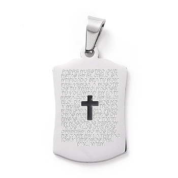 304 Stainless Steel Enamel Pendants, Rectangle with Cross & Word, Stainless Steel Color, 33.5x20.5x1.5mm, Hole: 4.5x9mm