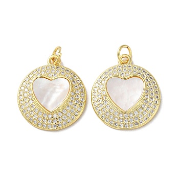 Valentine"s Day Brass Micro Pave Clear Cubic Zirconia Pendants, with Shell, Heart, Real 18K Gold Plated, 21x18x3mm, Hole: 3.5mm