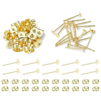 20Pcs 304 Stainless Steel Stud Earring Findings, Flat Round Pad Base Earring Settings, with 20Pcs Friction Ear Nuts, Golden, 3x0.3mm, Pin: 0.7mm