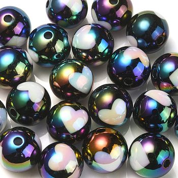 UV Plating Rainbow Iridescent Acrylic Beads, Round with Heart Pattern, Black, 16x15mm, Hole: 3mm