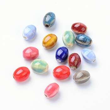 Handmade Porcelain Beads, Oval, Mixed Color, 12x9x9mm, Hole: 3mm