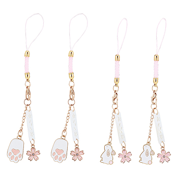 4Pcs 2 Styles Cute Japanese Cherry Blossom Pendant Decorations, with Rabbit/Cat Paw Print Charms and Nylon Rope, for Mobile Phone Bag Hanging Ornament, Mixed Patterns, 144~148mm, 2pcs/style