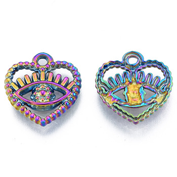 Ion Plating(IP) 304 Stainless Steel Pendants, Heart with Eye, Rainbow Color, 16.5x15.5x2mm, Hole: 1.6mm