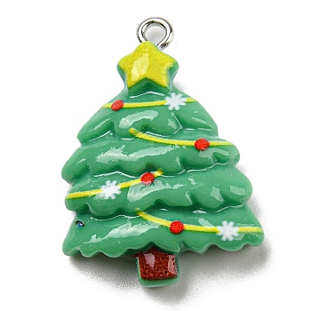 Opaque Resin Pendants, Christmas Charms with Platinum Plated Iron Loops, Green, Christmas Tree, 29x21x7mm, Hole: 2mm