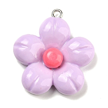 Opaque Resin Pendants, Flower Charms, with Platinum Tone Iron Loops, Plum, 30x27.5x7.5mm, Hole: 1.6mm