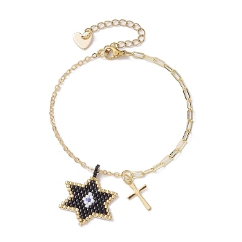 Glass Seed Star & Brass Cross Charm Bracelets, with Paperclip Chains, Golden, 7-1/8 inch(18cm)