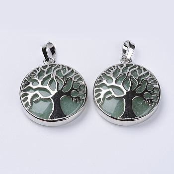 Natural Green Aventurine Pendants, with Platinum Plated Brass Findings, Flat Round with Tree of Life, 31x27x8mm, Hole: 3.5x7mm