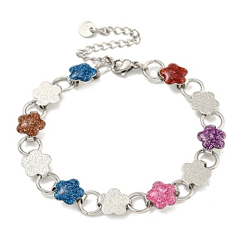 304 Stainless Steel Enamel Flower Link Chain Bracelets with Glitter Powder, Stainless Steel Color, Colorful, 6-7/8 inch(17.5cm)