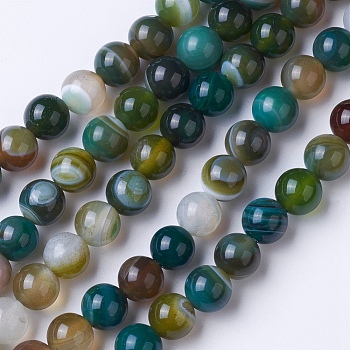 Natural Grade A Striped Agate/Banded Agate Beads Strands, Dyed & Heated, Round, Mixed Color, 10mm, Hole: 1.2mm, about 47pcs/strand, 14.9 inch(38cm)