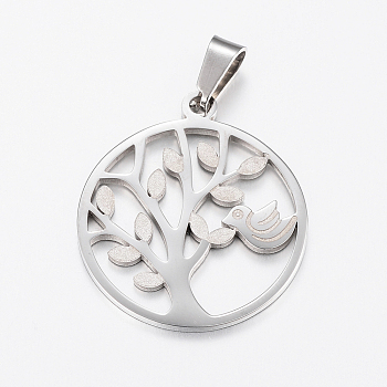304 Stainless Steel Pendants, Textured, Flat Round with Tree of Life & Bird, Stainless Steel Color, 28x25x1.2mm, Hole: 4x8mm