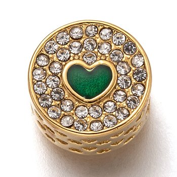 304 Stainless Steel European Beads, Large Hole Beads, with Enamel and Crystal Rhinestone, Flat Round with Heart, Golden, Green, 11.5x7.5mm, Hole: 4.5mm