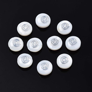 Natural Freshwater Shell Beads, with Platinum Plated Brass Metal Embellishments, Flat Round with Mark @, Platinum, 8x4.5mm, Hole: 0.6mm