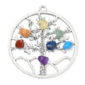 7 Chakra Mixed Gemstone Chip Pendants, Tibetan Style Zinc Alloy Tree of Life Charms, Antique Silver, Mixed Dyed and Undyed, Flat Round, 60.5x56x6mm, Hole: 3.5mm