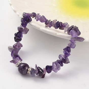 Chips Natural Amethyst Beaded Stretch Bracelets, with Brass Rhinestone Findings, Silver Color Plated, 59mm