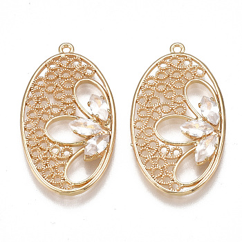 Brass Filigree Pendants, Real 18K Gold Plated, with Cubic Zirconia, Oval, Clear, 30.5x17x3.5mm, Hole: 1.2mm